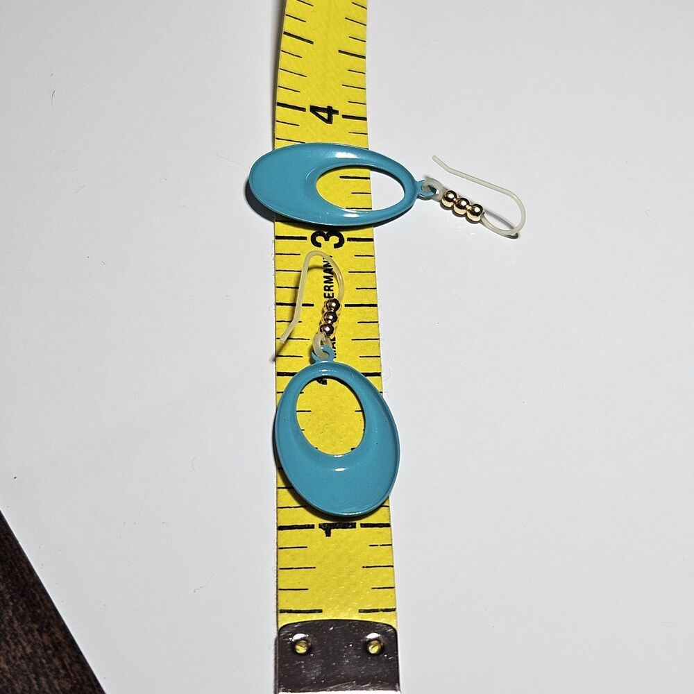 Blue Enamel Metal Dangling Ovals With Gold Bead Accent Earrings - Picture 7 of 11